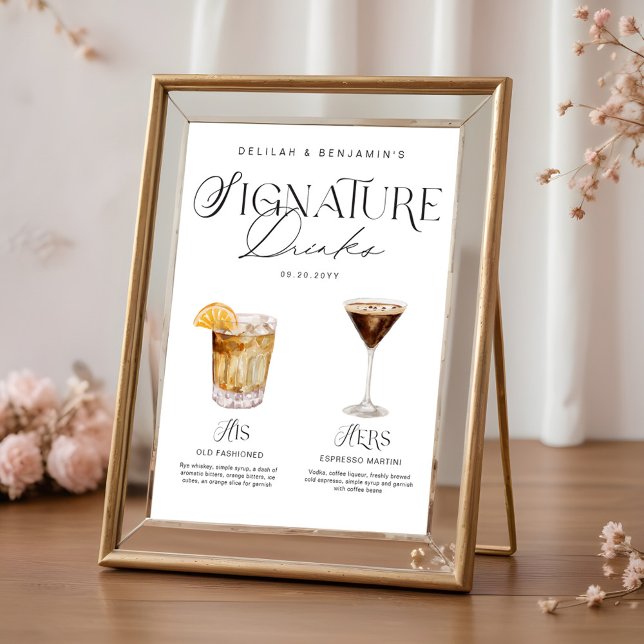 Elegante Wasserfarbe Seine Signature Drink Hochzei Poster (Elegant Watercolor His Her Signature Drink Wedding Poster)