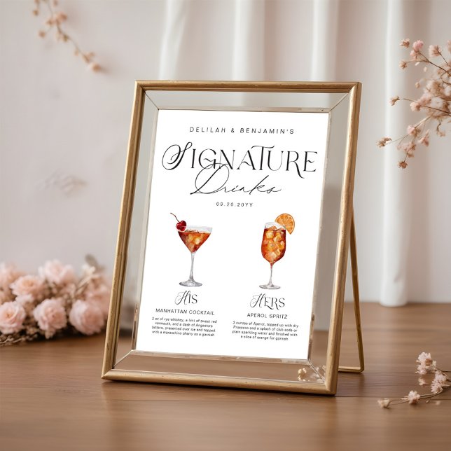 Elegante Wasserfarbe Seine Signature Drink Hochzei Poster (Elegant Watercolor His Her Signature Drink Wedding Poster)