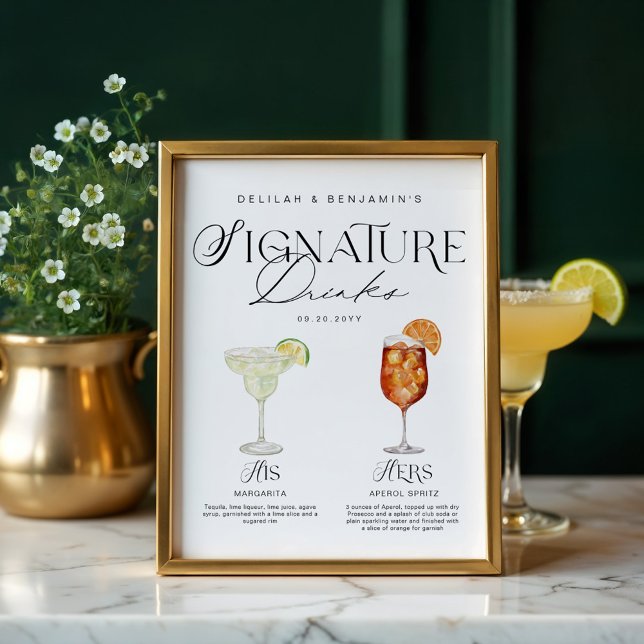 Elegante Wasserfarbe Seine Signature Drink Hochzei Poster (Elegant Watercolor His Her Signature Drink Wedding Poster)