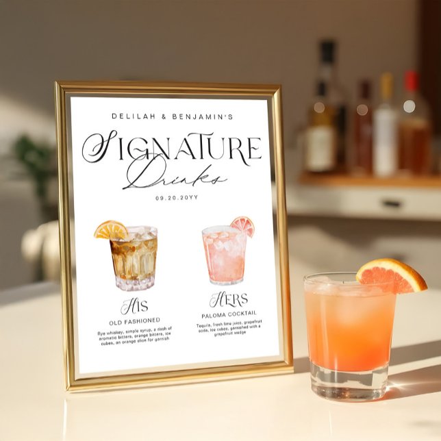 Elegante Wasserfarbe Seine Signature Drink Hochzei Poster (Elegant Watercolor His Her Signature Drink Wedding Poster)