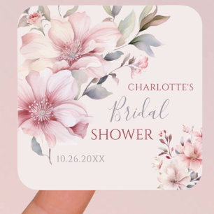 Elegante Wasserfarbe Soft-Pink-Floral-Brautparty Quadratischer Aufkleber