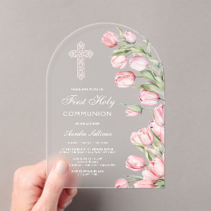 Elegante Wasserfarbe Tulpenbogen Erste Kommunion Acryleinladungen