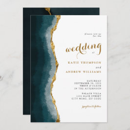 Elegante Wasserfarbe Türkis Gold Agate Hochzeit Einladung