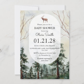 Elegante Wasserfarbe-Wald-Reh-Baby-Party Einladung