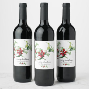 Elegante Wasserfarbe Weihnachten Stechpalmen-Beere Weinetikett