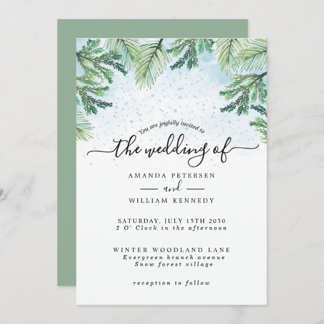 Elegante Wasserfarbe Winter Evergreen Typografie Einladung (Vorne/Hinten)