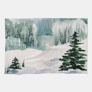 Elegante Wasserfarbe Winter Weihnachtsbäume Schnee Geschirrtuch