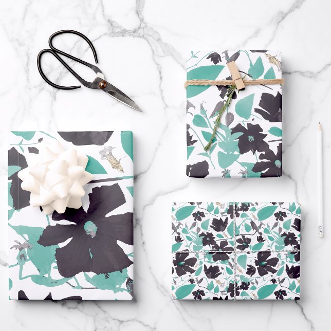Elegante Wasserfarben Aquamarin Geschenkpapier Set (Elegant Watercolor Floral Teal Wrapping Paper Sheets from Studio Posies.)