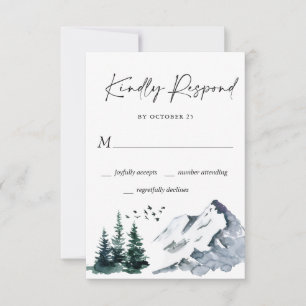 Elegante Wasserfarben Berge Wald Hochzeit RSVP  Karte
