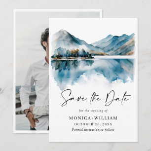 Elegante Wasserfarben Berge Wald Hochzeitsfoto Save The Date