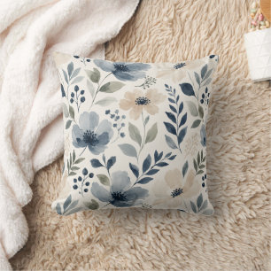 Elegante Wasserfarben-Blumen Blau-Creme-Blumenmust Kissen