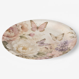 Elegante Wasserfarben-Blumen & Schmetterling Pappteller