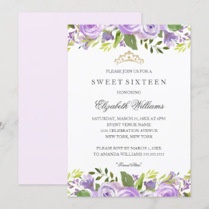 Elegante Wasserfarben-Blumen-Sweet-Sixteen in Lila Einladung