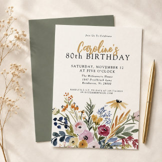 Elegante Wasserfarben-Blumen zum 80. Geburtstag Einladung