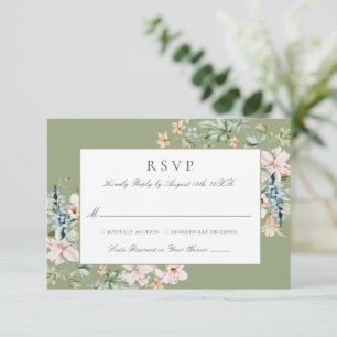 Elegante Wasserfarben-Blumenrand-Hochzeit Salbei RSVP Karte