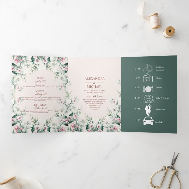 Elegante Wasserfarben Blush Dusty Rose Blumenzehen Dreifach Gefaltete Einladung (Innenseite)