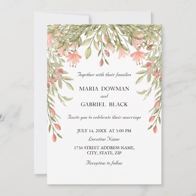 Elegante Wasserfarben-Chic Blumengrün Hochzeit Einladung (Vorderseite)