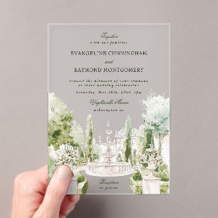 Elegante Wasserfarben-Herrenhaus-Gartenhochzeit Acryleinladungen
