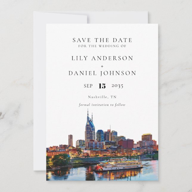 Elegante Wasserfarben-Hochzeit am Nashville Riverf Save The Date (Vorderseite)