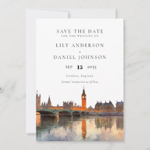 Elegante Wasserfarben-Hochzeit London Skyline Save The Date