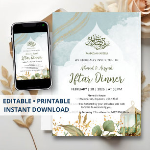 Elegante Wasserfarben-Iftar-Einladung Goldene Blät Einladung