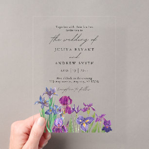 Elegante Wasserfarben-Iris in weißer Schrift Hochz Acryleinladungen