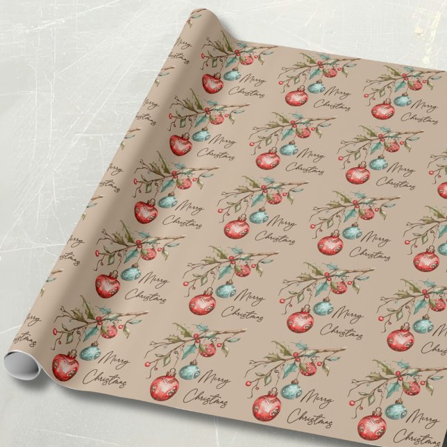 Elegante Wasserfarben Ornamente Frohe Weihnachten Geschenkpapier (Christmas wrapping paper with watercolor ornaments and a beige background.)
