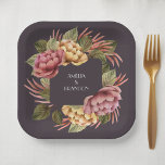 Elegante Wasserfarben Pappteller<br><div class="desc">Elegante Aquarellfarben in Rosa und Gold mit wunderschöner Vegetation auf dunklem Auberginen-Hintergrund,  diese quadratischen Teller sind perfekt für Brunch und Whirlpool Paare Polterabend,  Brautparty,  Babydusche oder jeden besondere Anlass. PASSENDE Artikel in unserem Geschäft.</div>