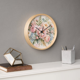 Elegante Wasserfarben-Pfingstrosen-Blumenwanduhr – Uhr