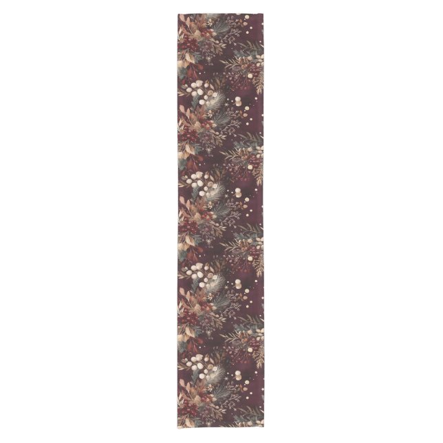 Elegante Wasserfarben Pine and Berry Burgundy Gold Kurzer Tischläufer (Vorderseite)