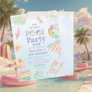 Elegante Wasserfarben-Poolparty 8. Geburtstag Mädc Einladung