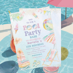 Elegante Wasserfarben-Poolparty zum 4. Geburtstag Einladung