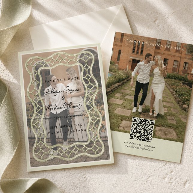 Elegante Wasserfarben-Randfoto in Salbeigrün  Save The Date (Elegant Sage Green Watercolor Border Photo Save The Date)