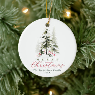 Elegante Wasserfarben-Tannen-Weihnachten mit Foto Keramik Ornament