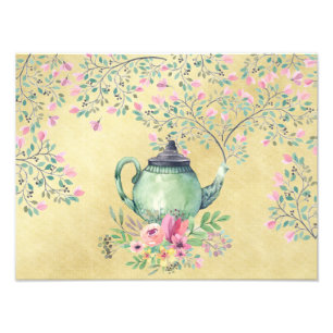 Elegante Wasserfarben Teapot und Blume Gold Fotodruck