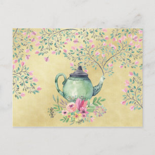 Elegante Wasserfarben Teapot und Blume Gold Postkarte
