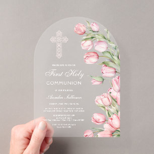 Elegante Wasserfarben-Tulpenbogen Erste Kommunion Acryleinladungen