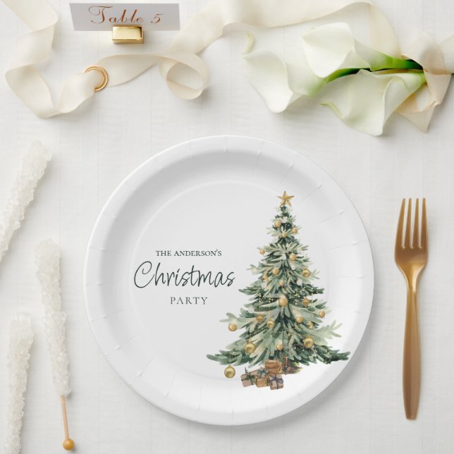 Elegante Wasserfarben-Weihnachtsfeier mit Baum  Pappteller (Hochzeit)