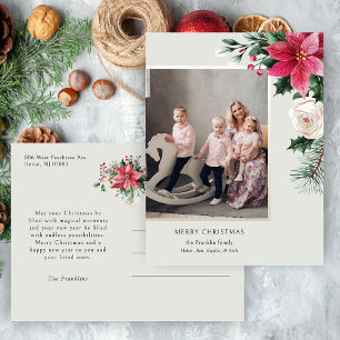 Elegante Wasserfarben-Weihnachtssterne, Rosen und Feiertagspostkarte