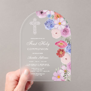 Elegante Wasserfarben-Wildblumen Erste Kommunion Acryleinladungen