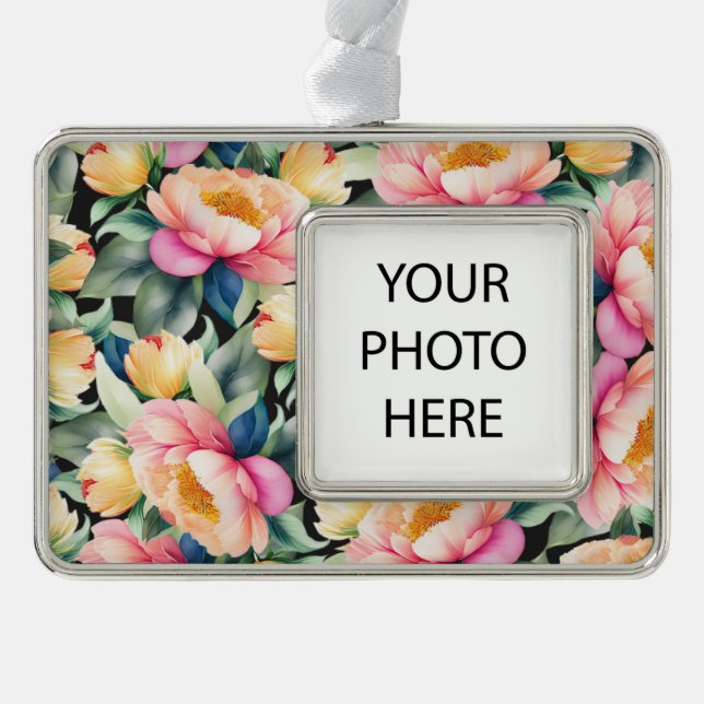 Elegante Wasserfarbenpeony auf dem Schwarzen Foto Rahmen-Ornament Silber (Vorderseite)
