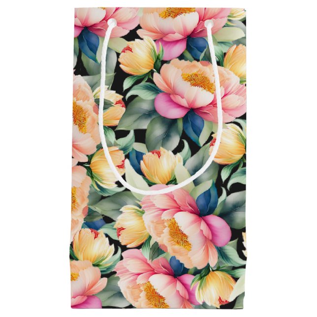 Elegante Wasserfarbenpeony auf Schwarz Kleine Geschenktüte (Vorderseite)