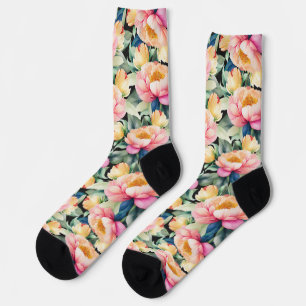 Elegante Wasserfarbenpeony auf Schwarz Socken