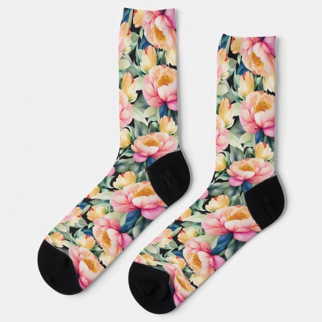 Elegante Wasserfarbenpeony auf Schwarz Socken (Linkes Detail)