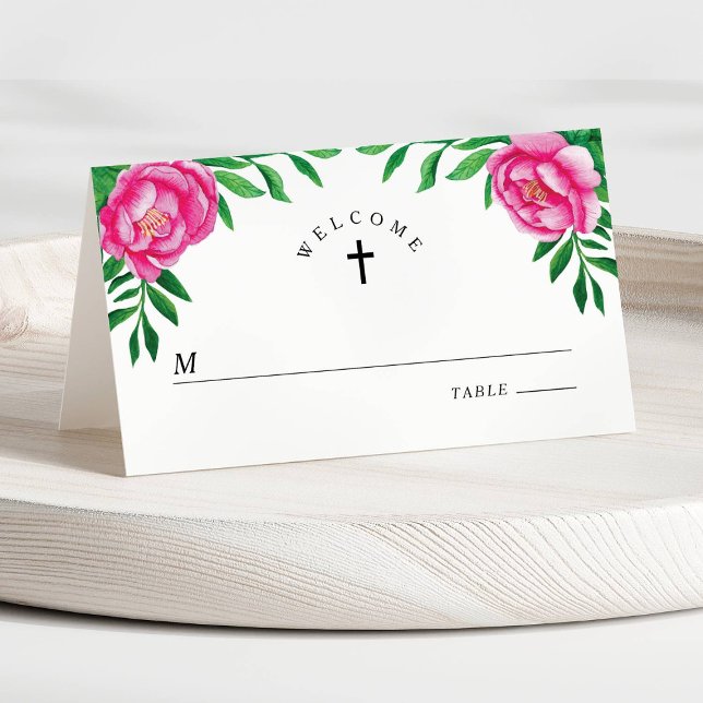 Elegante Wasserfarbenpione Erste Kommune Platzkarte (Elegant Floral Watercolor Peonies First Communion Place Card)