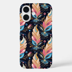 Elegante Wasserfarbfedern Navyblau Rosa und Tee iPhone 16 Hülle