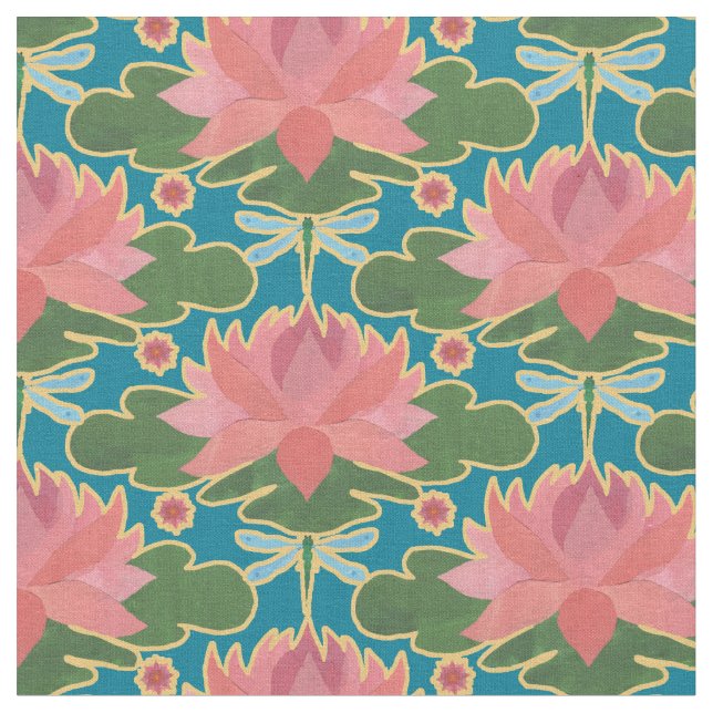 Elegante Water Lilies Dragonfly auf Deep Blue Fabr Stoff (Nahaufnahme)