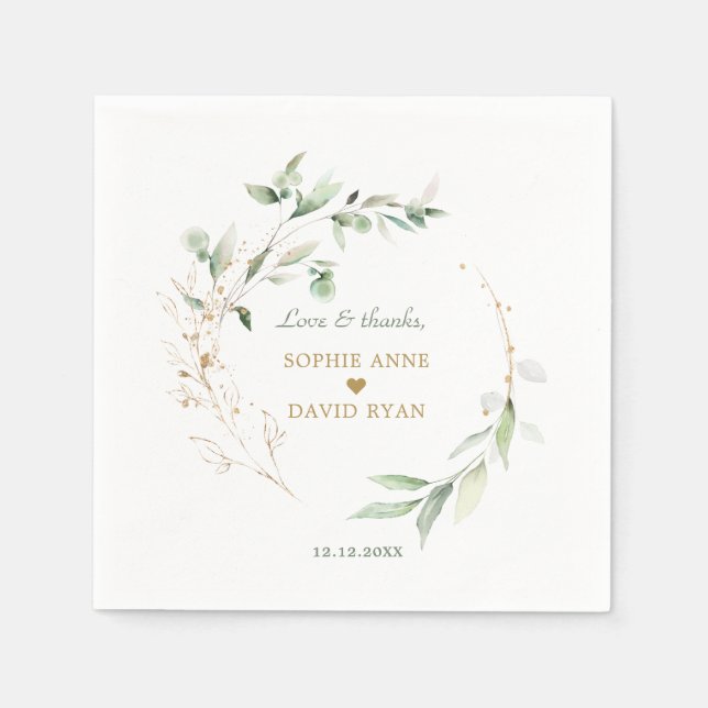 Elegante Watercolor Airy Blätter Gold Wedding Serviette (Vorderseite)