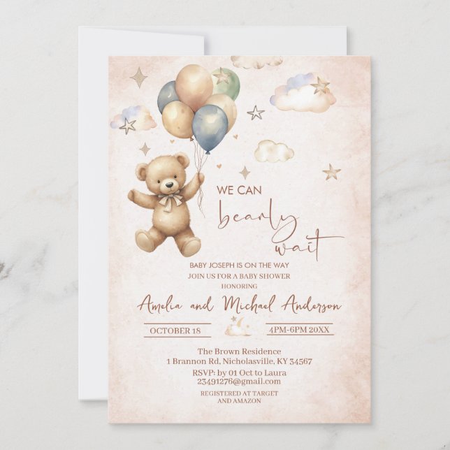 Elegante Watercolor Bear Teddy Babydusche Einladung (Vorderseite)
