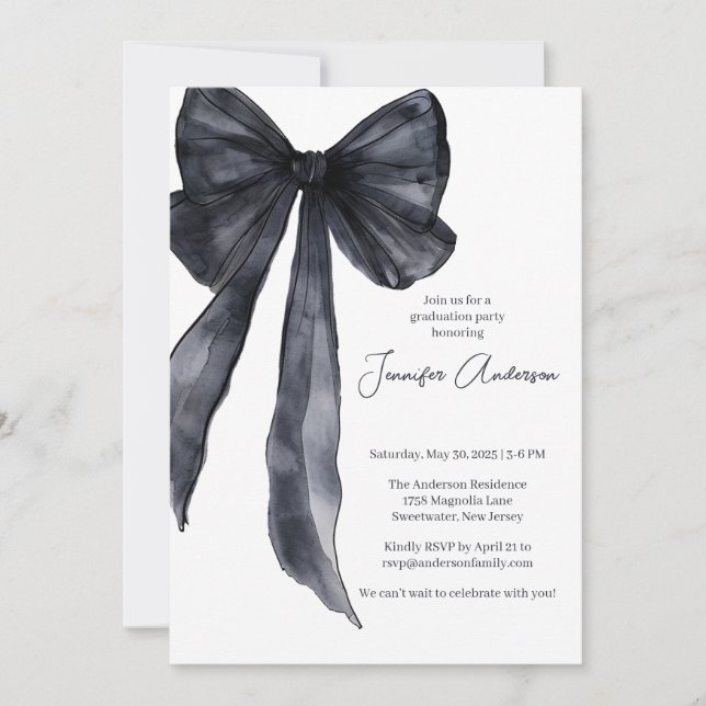 Elegante Watercolor Black Bow Graduation Party Einladung (Vorderseite)
